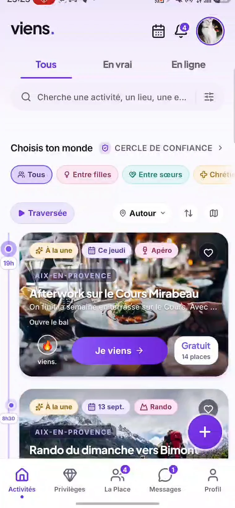 L'onglet Activités de viens. : les sorties et sessions près de toi, En vrai ou En ligne