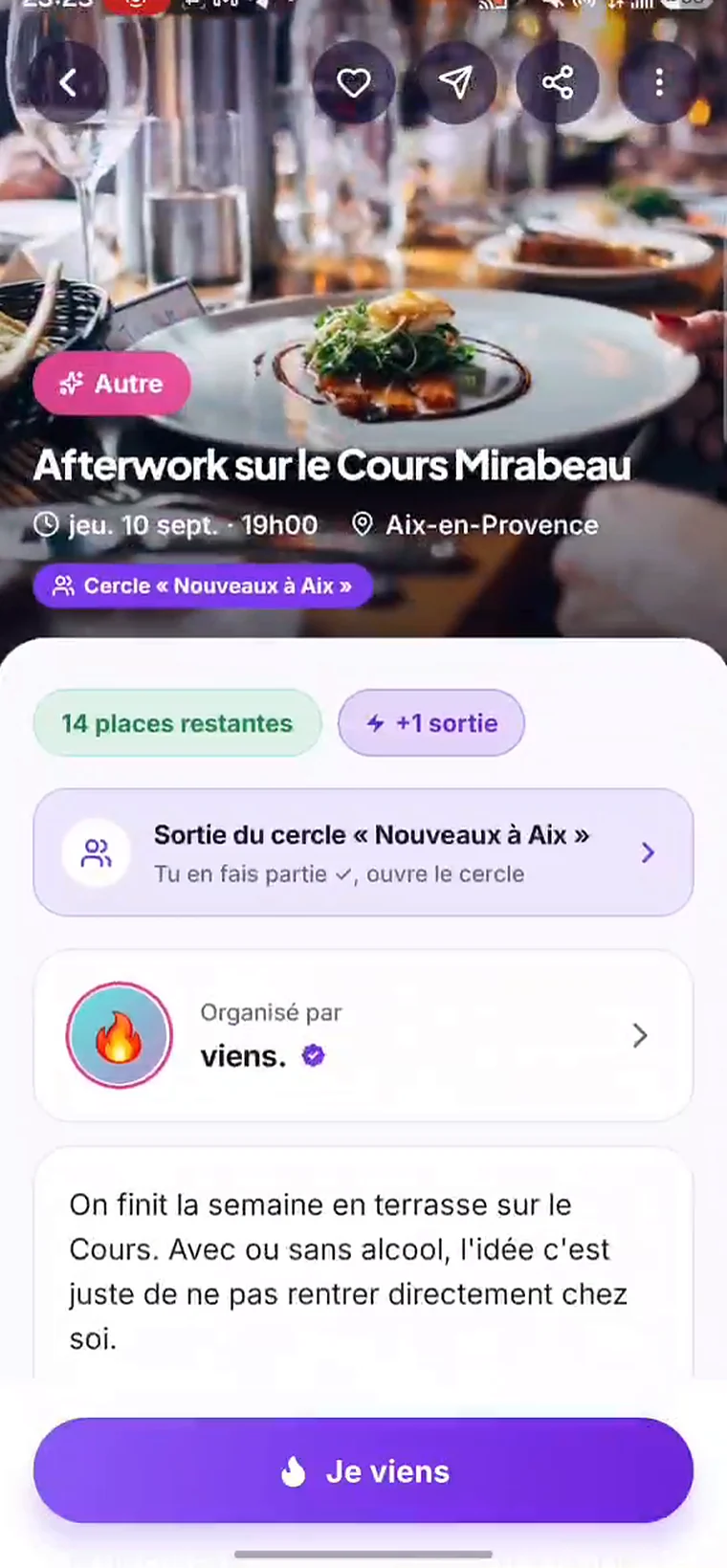 La fiche d'une sortie : la date, le lieu, le cercle qui l'organise et le bouton Je viens