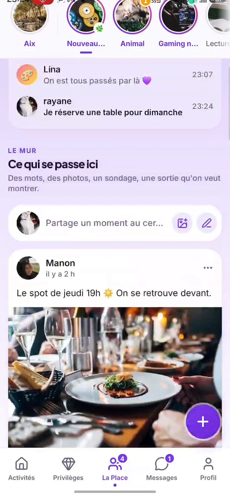 Le mur d'un cercle : une photo postée par une membre, les réactions, le mot d'accueil épinglé